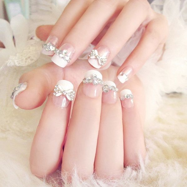 

24 pieces / set of shiny rhinestones fake nails bow french full stickers nail wedding fake nails with 2g glue, Red;gold