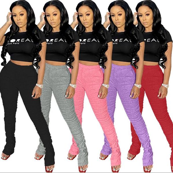 

2020 women solid color pants fashion ladies outfits casual mid-waisted pleats pants spring elastic waist pant with wrinkle clothes d41005, White