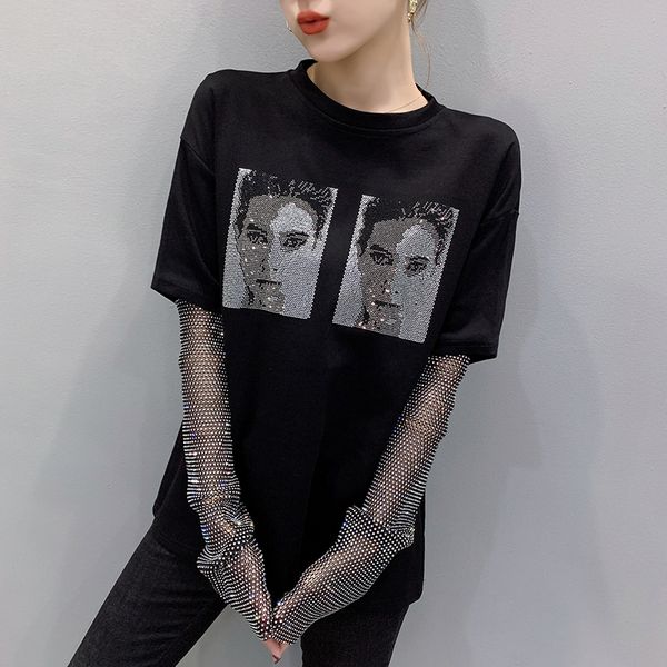 

diamond t-shirt women's spring shiny rhinestone t-shirt woman long-sleeve european style ride drill sleeve panel tee black, White