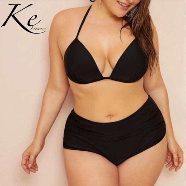 

ke большой размер бикини 2 шт толстая женщина, чтобы увеличить сплошной цвет галстук висит шеи сексуальные купальники плюс размер большого р, White;black