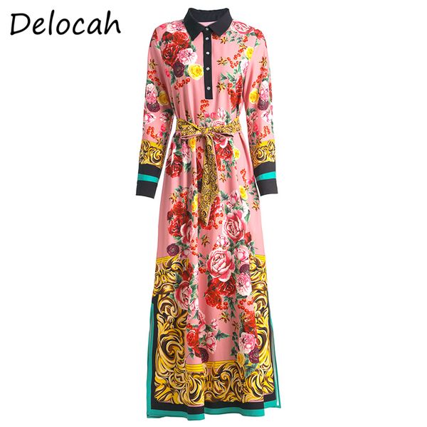 

delocah spring summer women dress runway fashion designer lantern sleeve simple sashes floral printed female holiday dresses, Black;gray