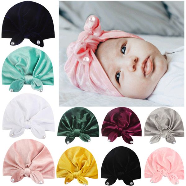 

baby girl rabbit pearl ear bow beanie cap toddler infant hats velvet solid cute kids turban hat hair accessories, Yellow
