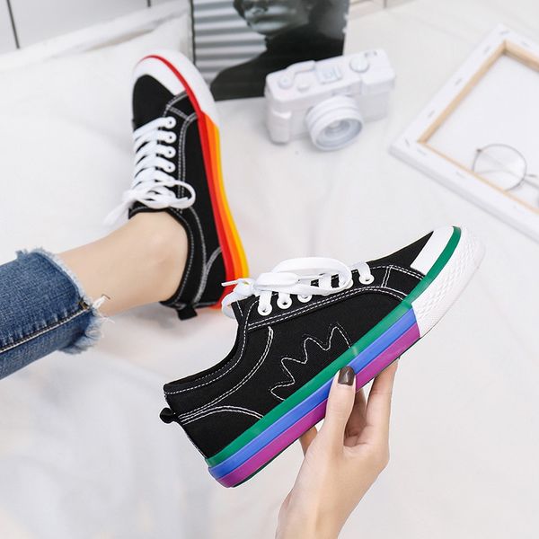 

size 35-44 rainbow sole white/black canvas sneakers women flats new comfortable canvas shoes woman platform sneakers