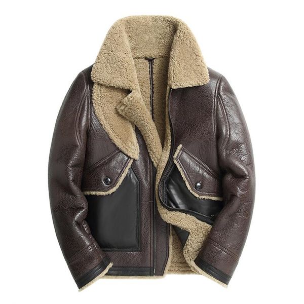 

new luxury men winter shearling real fur jacket 5xl biker sheepskin genuine leather coat thick warm fur lining jacket, Black