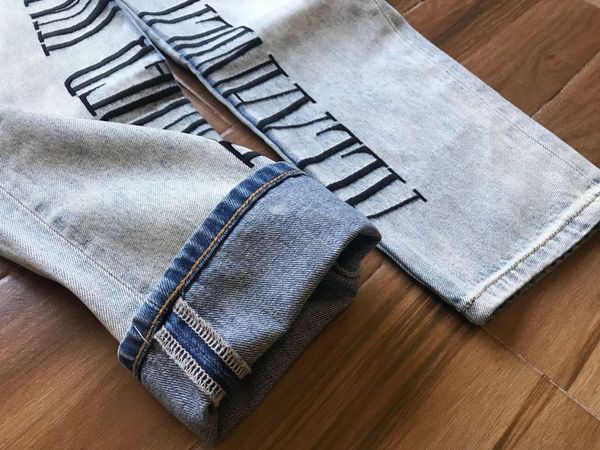

2020 spring summer women's high waisted letter embroidered straight jeans a2, Blue