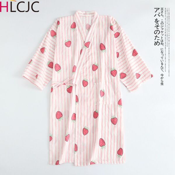 

spring summer 100% gauze cotton robes kimono nightgown simple striped strawberry thin section loose large size home bathrobe, Black;red