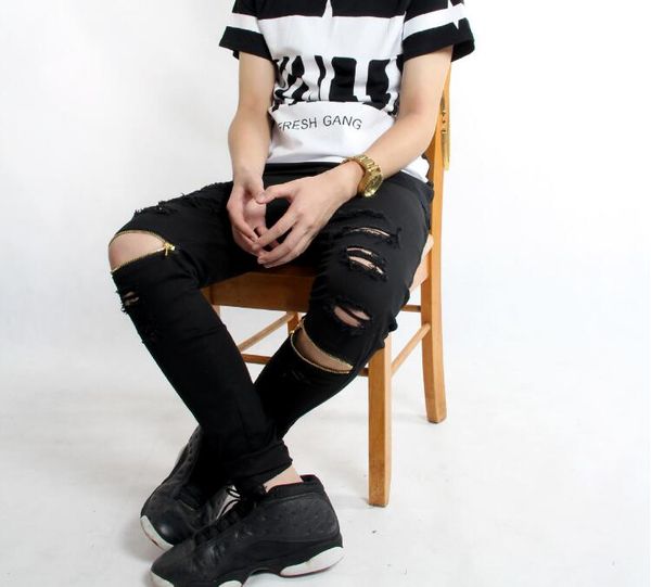 

swag high street men pants knee zipper pants male trend slim pants, Black