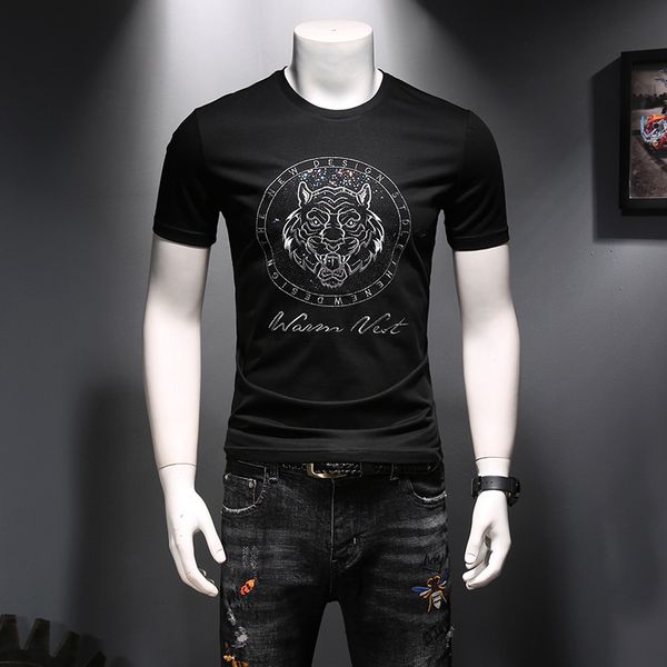 

2020 summer new men's sequin embroidered round neck short sleeve t-shirt slim wild half-sleeved bottoming shirt t-shirt tide men size m, White;black