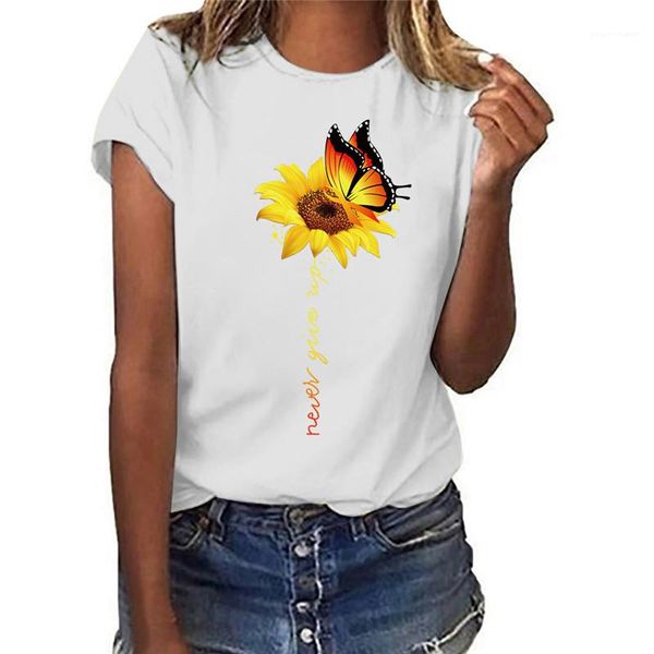 

tshirts fashion fresh sweet short sleeve designer womens summer clothes sunflower and butterfly print womens casual, White