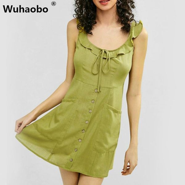 

wuhaobo women green spaghetti strap button dress streetwear sheath pure color sleeveless above knee mini summer party dress, Black;gray