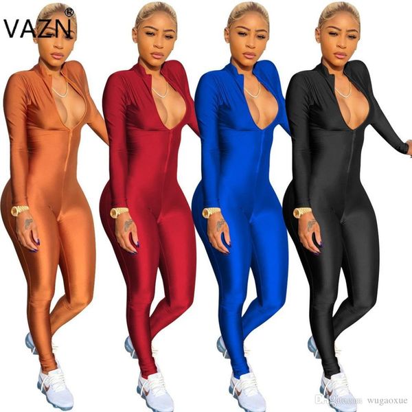 

vazn new women fashion elegant 2018 bodycon jumpsuit full sleeve long jumpsuit v-neck 3384, White