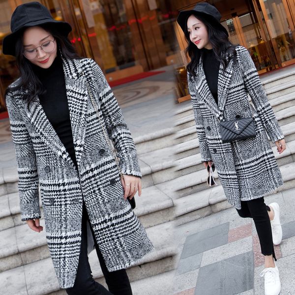 

2019 spring autumn women's plaid wool blend plaid coat female winter wool jackets female outwer, Black