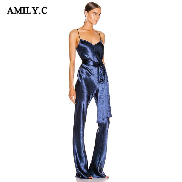 

amily.c 2020 summer new women's sleeveless spaghetti v-neck belt blue fashion celebrity club party jumpsuit, Black;white