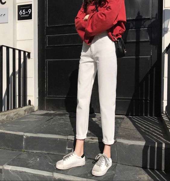 

women's jeans from russia 100%cotton harem pants vintage high waist white black beige ankle-length mom loose cowboy, Blue