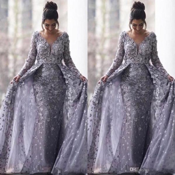 

saudi arabic gray muslim evening dresses 2020 mermaid v-neck long sleeves tulle lace islamic dubai long formal evening gowns, Black;red