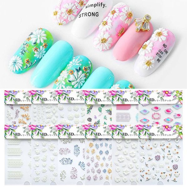 

new arrival 5d acrylic engraved nail art sticker colorful white flower template decals tool diy nail decoration tools 1pc, Black