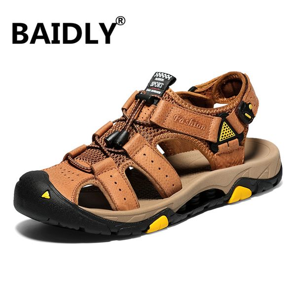

new genuine leather men sandals summer men causal shoes beach sandals man fashion outdoor sneakers big size, Black