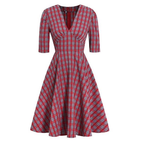 

women's half sleeves v neck check print retro vintage dress, White;black