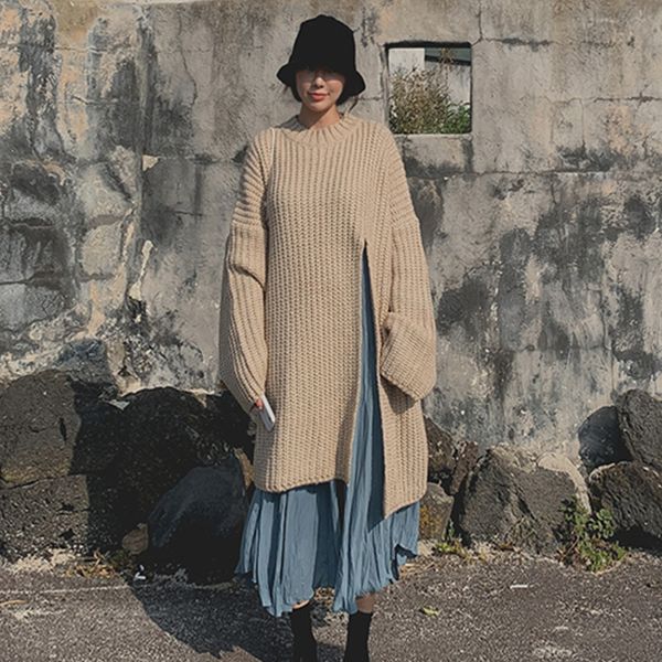 

korean knit o-neck sweater woman harajuku loose long sleeve slit sweater sweaters warm irregular irregular slim women, White;black