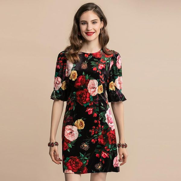 

autumn fashion designer velvet dress women half sleeve elegant vintage rose floral print a line mini short dress, Black