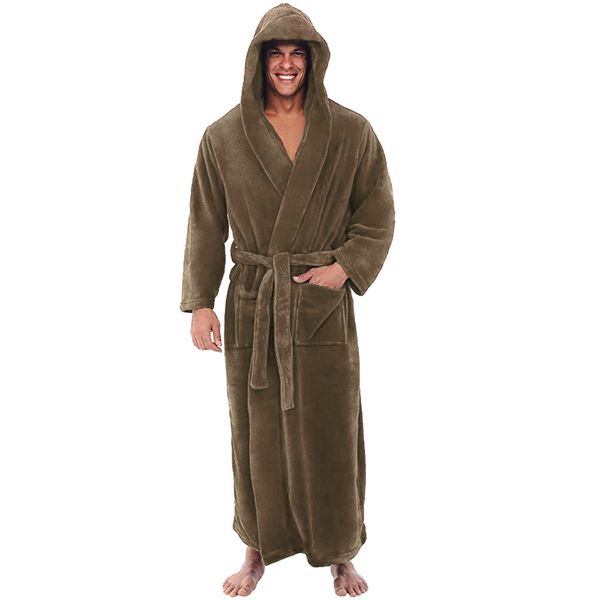 

men winter plus size long coral fleece bathrobe kimono warm flannel bath robe men cozy robes night sleepwear dressing gown#g2, Black;brown