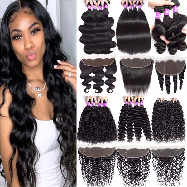 

brazilian virgin hair bundles with 13x4 lace frontal closure loose wave human hair wefts with bundles ear to ear lace frontal hair extension, Black
