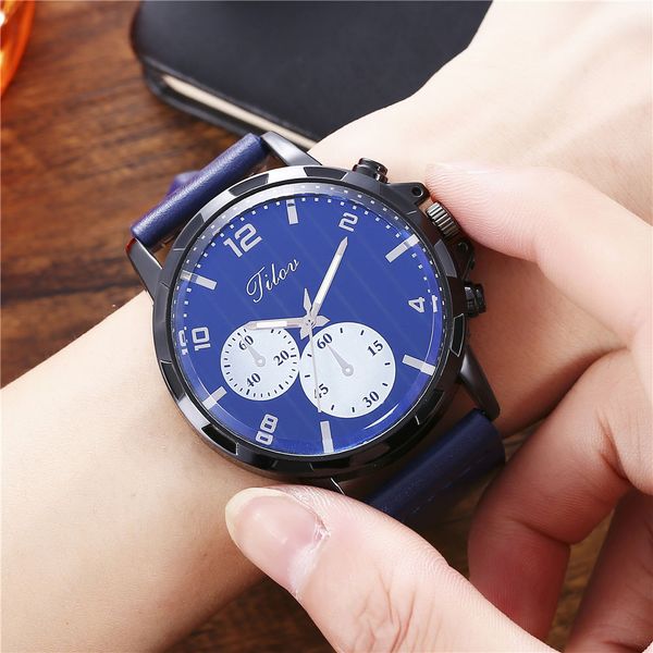 

simple casual men business watches leather band big dial buckle wrist watches social business quartz watch male gift horloges#y, Slivery;brown