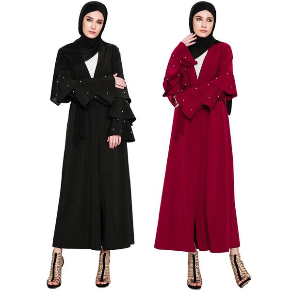 

арабской мусульманской абая платье wome кафтан кимоно jubah бисероплетение flare рукав шнуровка open abayas для женщин исламской одежды рясы, Red