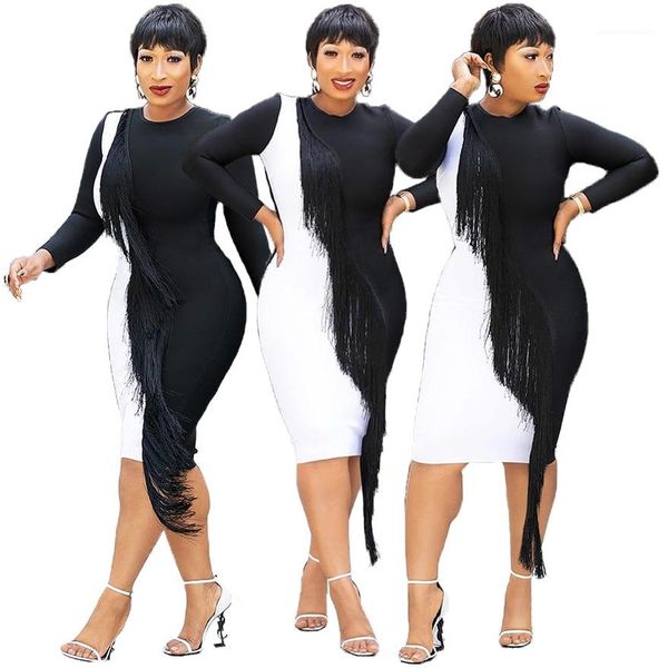 

color tassel panelled long sleeve dresses urban leisure style women clothing spring womens designer casual dresses natural, Black;gray