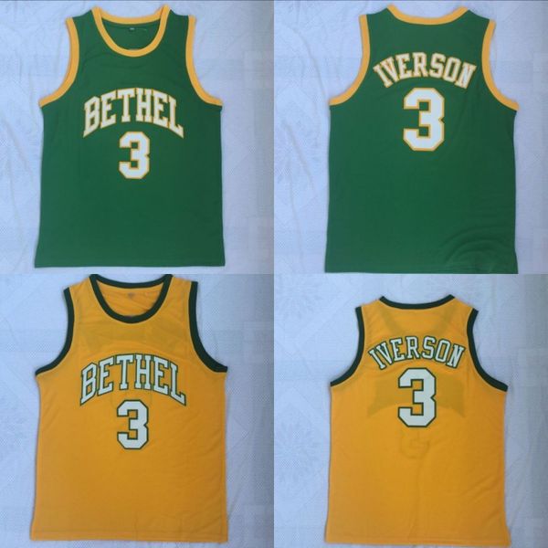 

Men Bethel High School #3 Allen Iverson Jersey Green Yellow Embroidery Cheap Iverson Basketball Jerseys Stitched