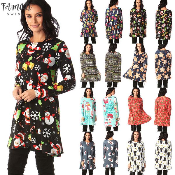

print long sleeve autumn winter christmas dress women 2020 casual loose short party dress plus size s-5xl vestidos, Black;gray
