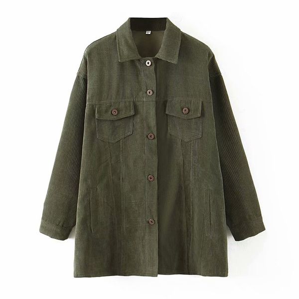 

women's corduroy single-breasted pocket casual bean paste army green khaki brown raw edge design wild casual top, Black;white