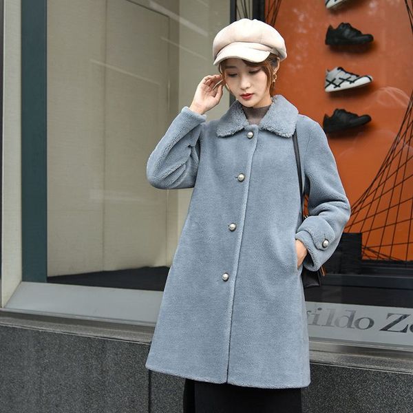 

women winter pearl button real sheep shearing fur coat female slim natural fur jacket wool overcoat abrigos mujer invierno m71, Black