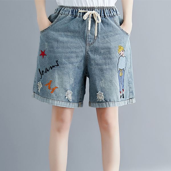 

women jeans denim shorts bottoms big loose elastic waist cartoon embroidery fashion casual for spring summer bo18181520, Blue