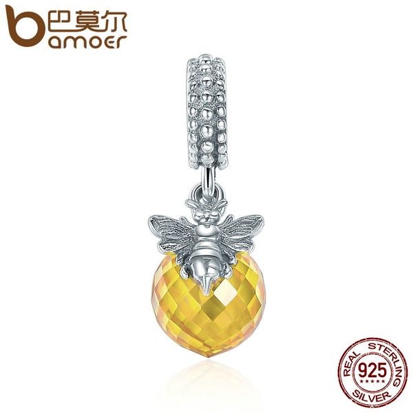 

bamoer стерлингового серебра 925 маленькая пчелка любовь мед желтый кристалл мотаться подвеска шарм подходят женщины шарм браслет ювелирных, Slivery;golden