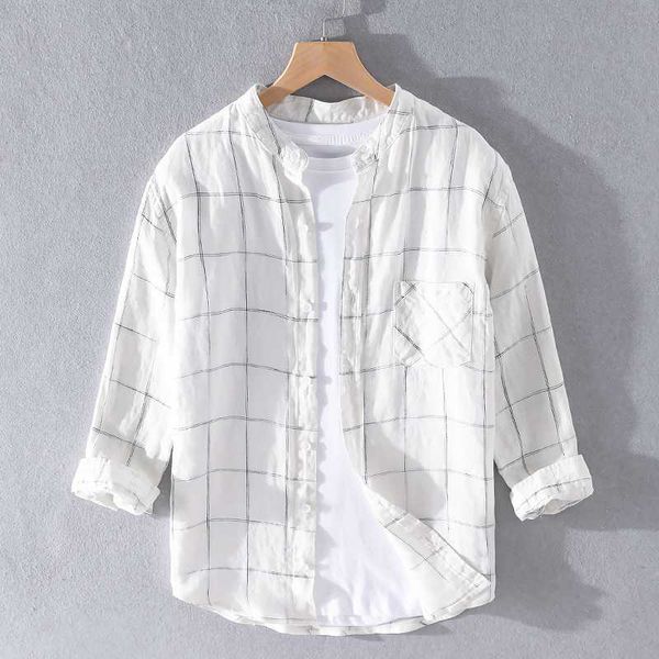 

men's casual shirts 2021 summer large plaid three-quarter sleeve pure linen shirt men brand comfortable stand collar loose for chemise, White;black