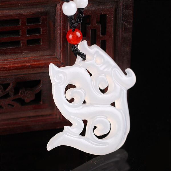 

xinjiang white jade antique dragon pendant necklace drop shipping jade stone lucky amulet necklace with chain for men women, Silver