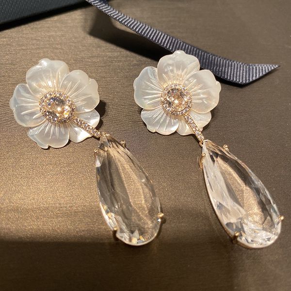 

fashion big white shell flower with water drop cz earring for women bridal wedding, Silver