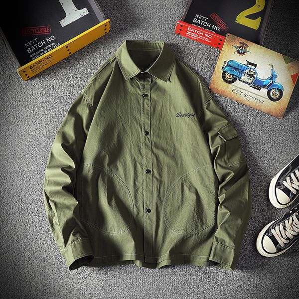

2020 spring and summer new youth popular solid color loose long-sleeved shirt fashion casual wild shirt army green /black/orange, White;black