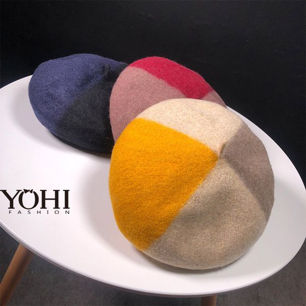 

new color matching beret female winter hats for women flat cap knit cashmere hats lady girl hat outdoor painter hat, Blue;gray