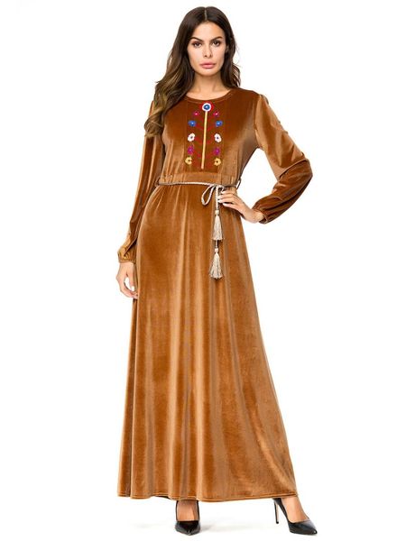 

elegant embroidery velvet abaya tassels muslim maxi dress high waist swing long robes kimono loose ramadan arab islamic clothing, Black;gray