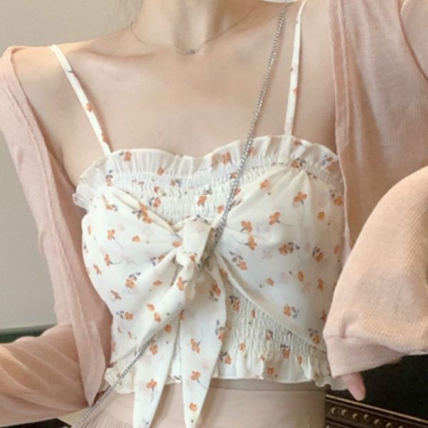 

summer new fashion brand korean style sweet spaghetti strap bow tied belt flower print tanks camis women's clothing high quality, White