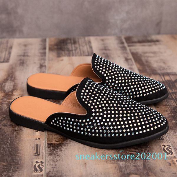 

mules suede shoes men black half shoes for men rhinestone mens casual shoes sepatu slip on pria heren schoenen sepatu s01