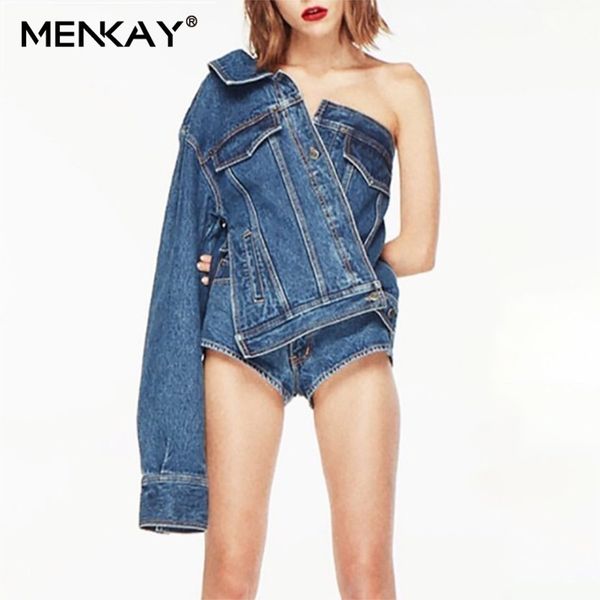 

women's jackets [menkay] casual one shoulder denim jacket for women lapel long sleeve button side split coat female fashion summer 2021, Black;brown