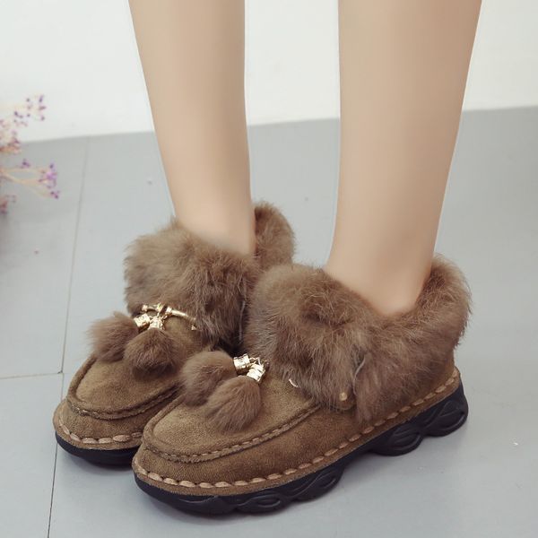 

flat platform fur warm ladies ankle snow boots winter slip on plush comfortable shoes woman 2019 flock fashion footwear, Black