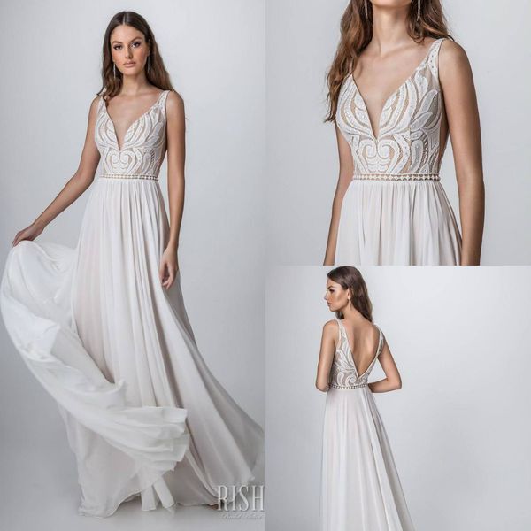 

2019 bohemian wedding dresses deep v neck lace appliques a line chiffon skirt sweep train beach wedding dress custom made vestidos de novia, White