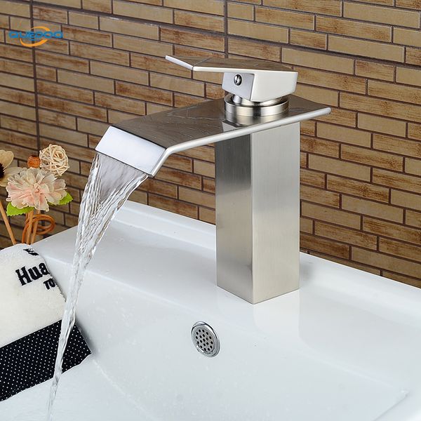 

waterfall spout bathroom sink faucet basin single handle deck mount brushed nickel finished mixer taps