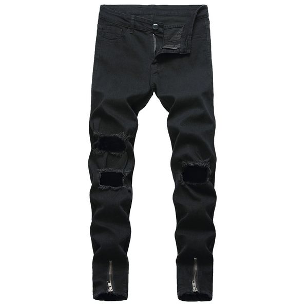 

mens solid color jeans streetwear 2019 fashion slim pencil denim pants casual hole ripped trousers distressed zipper pants, Blue