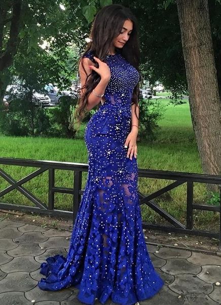 

royal blue lace evening gowns sparkly crystals open back sleeveless mermaid see through new women pageant long prom dresses, Black;red