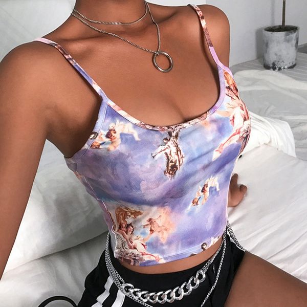 

2019 women tank slim sling print summer camis sleeveless low cut club wear short cropped, White